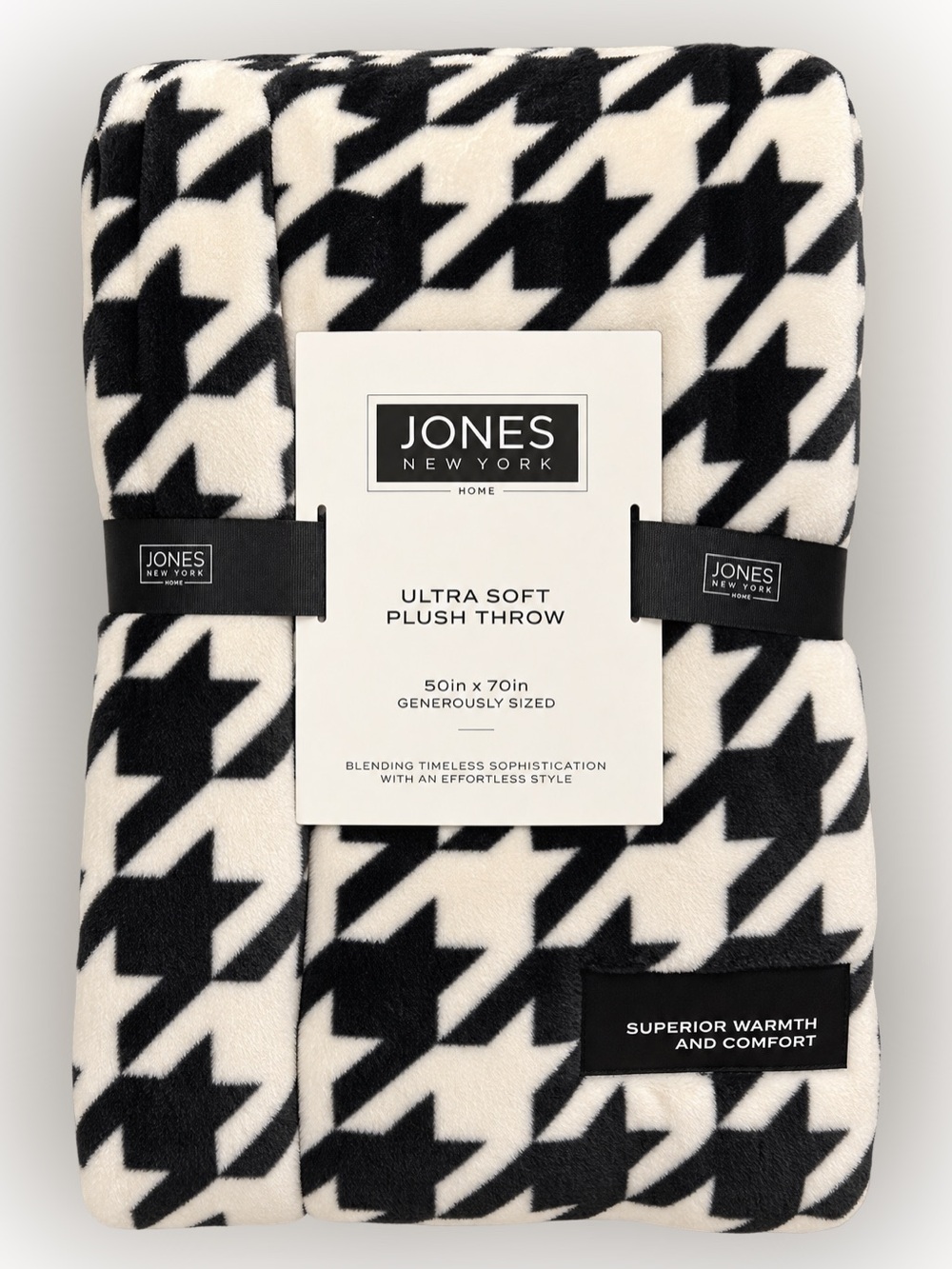 Jones New York Black & White Houndstooth Plush Throw Blanket
